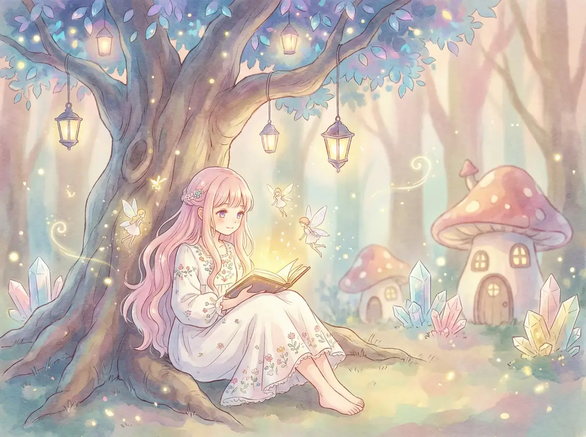 一切从裸开始 - 魔法森林中阅读故事书的粉发少女与精灵